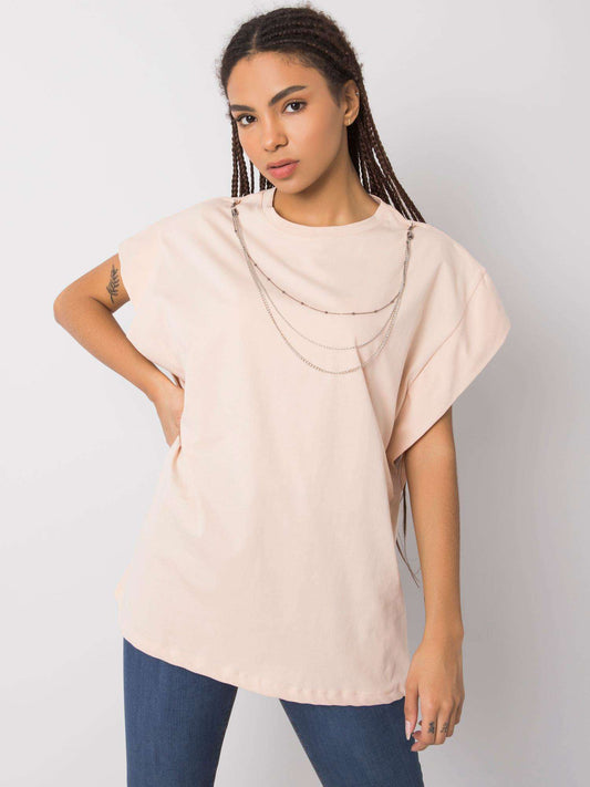 RUE PARIS Brzoskwiniowy t-shirt z naszyjnikiem