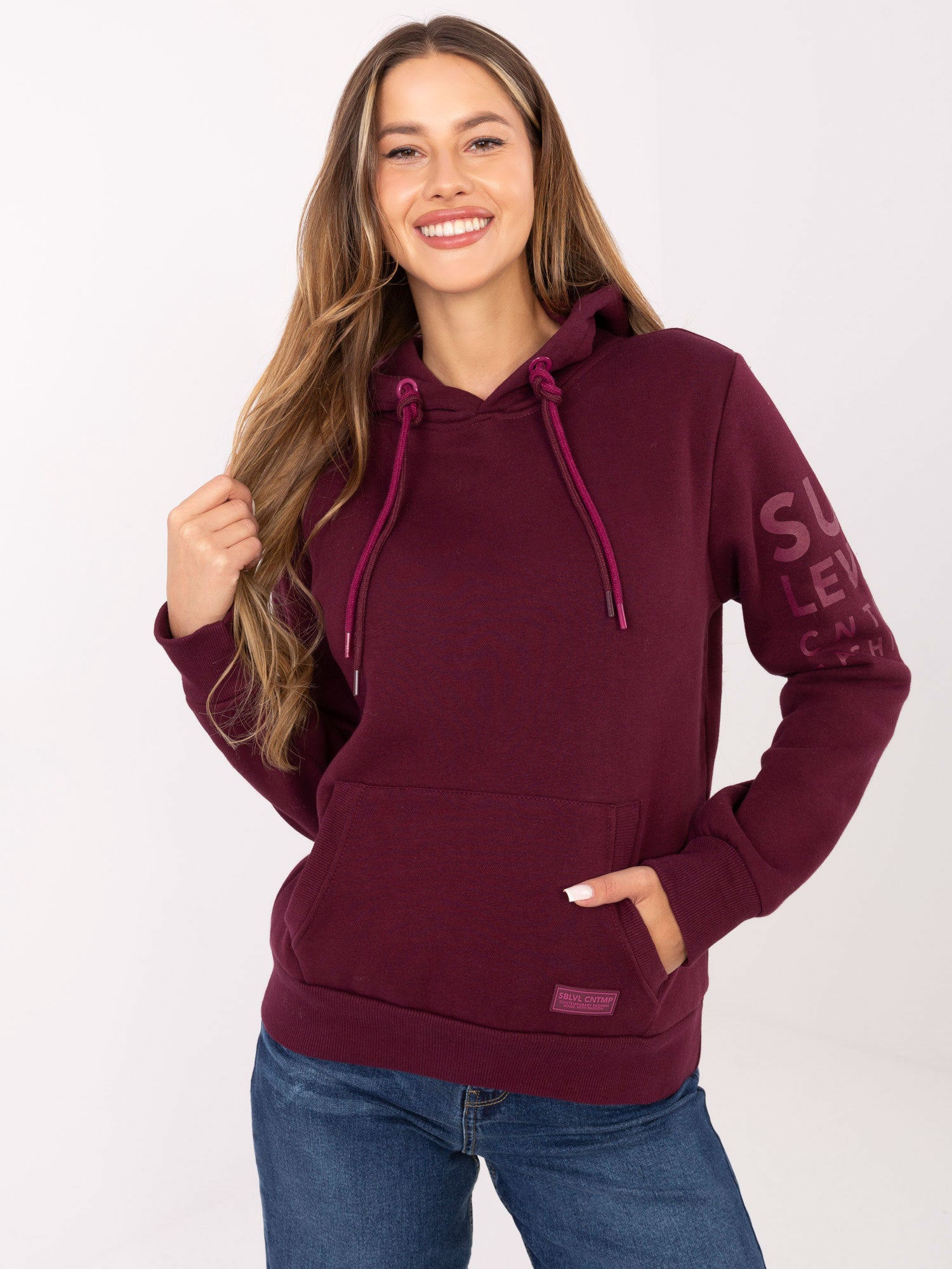 SUBLEVEL Burgundowa ocieplana bluza kangurka