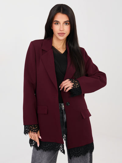 Burgundowa elegancka marynarka z koronką