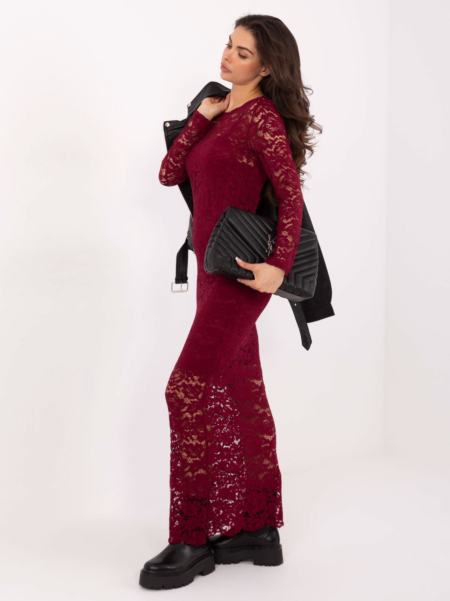 RUE PARIS Burgundowa koronkowa sukienka bodycon