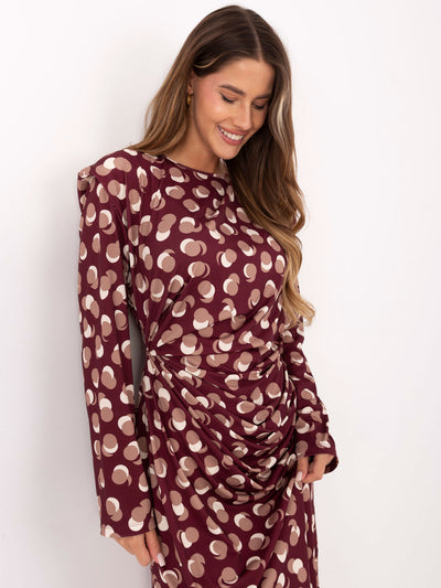 RUE PARIS Burgundowa midi sukienka z printem