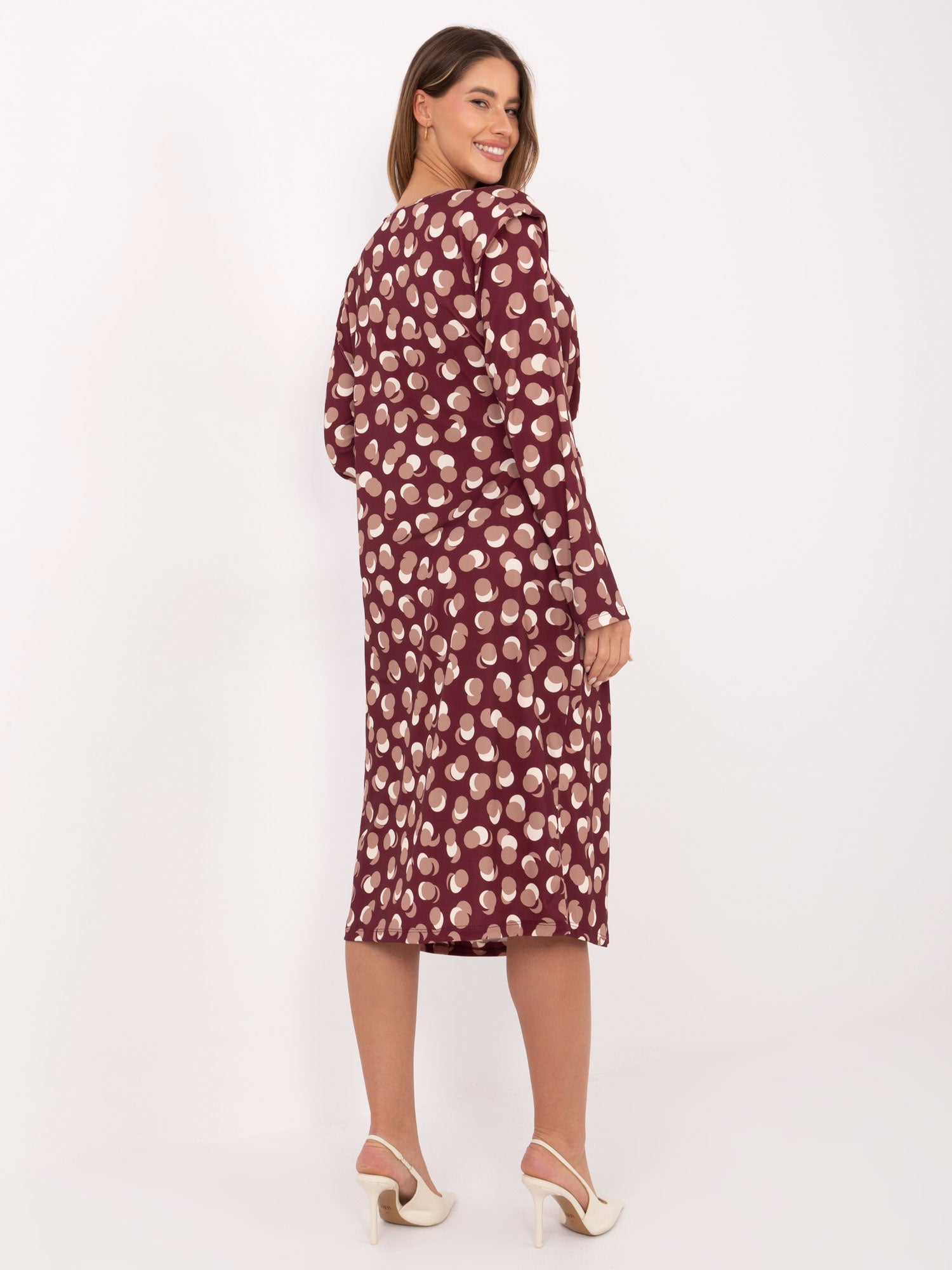RUE PARIS Burgundowa midi sukienka z printem