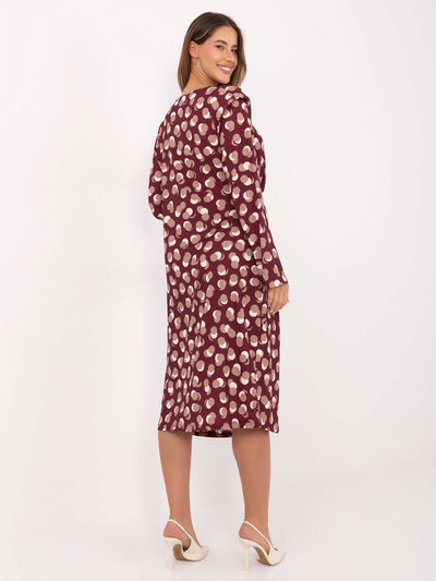 RUE PARIS Burgundowa midi sukienka z printem