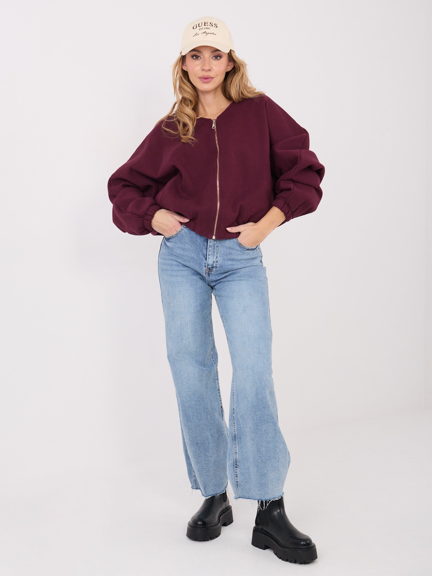 Burgundowa rozpinana bluza z dekoltem V