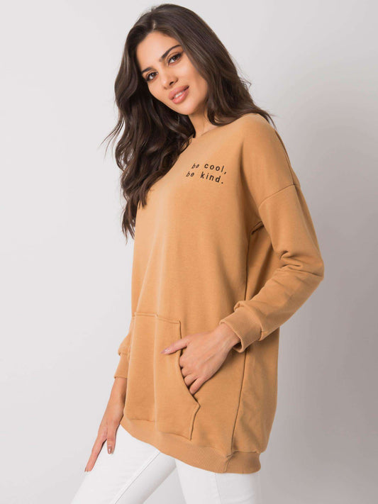 RUE PARIS Camelowa bluza kangurka bez kaptura