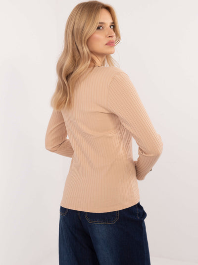 Camelowa bluzka longsleeve ze wstawkami w panterkę