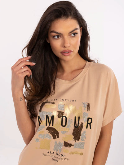 Camelowa bluzka oversize z krótkim rękawem