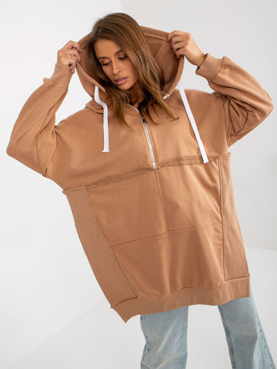 Camelowa długa bluza oversize z kapturem i rozcięciami