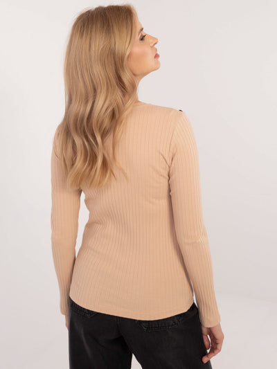 Camelowa prążkowana bluzka longsleeve z bawełny