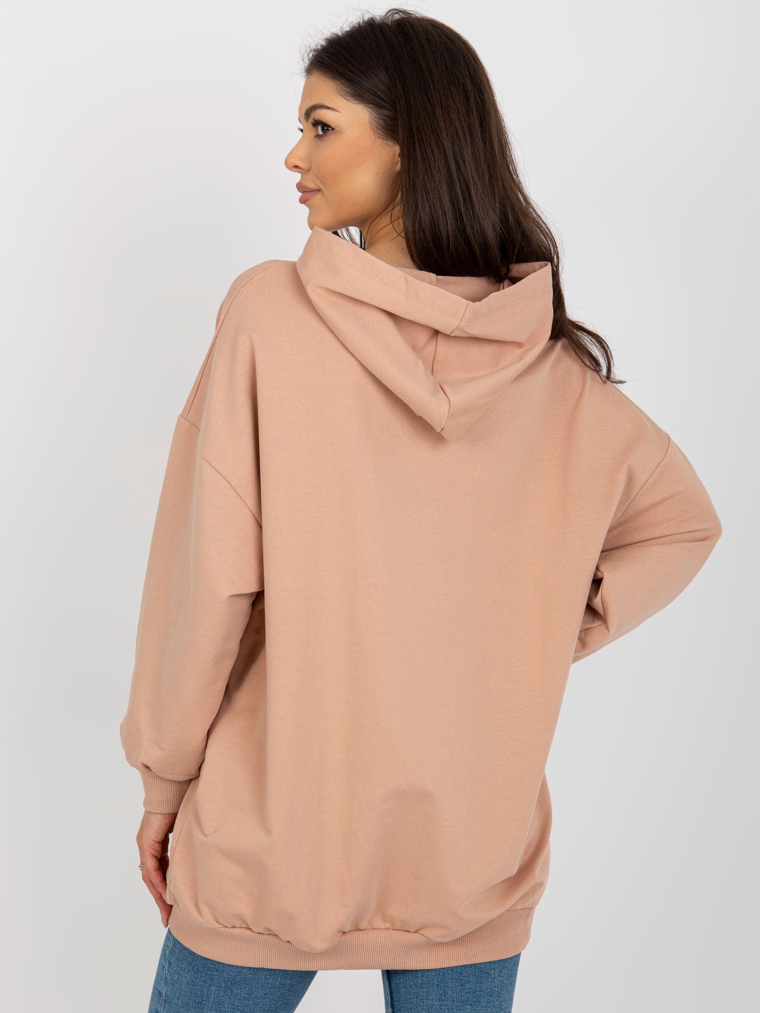Camelowa oversize bluza z nadrukiem i kapturem