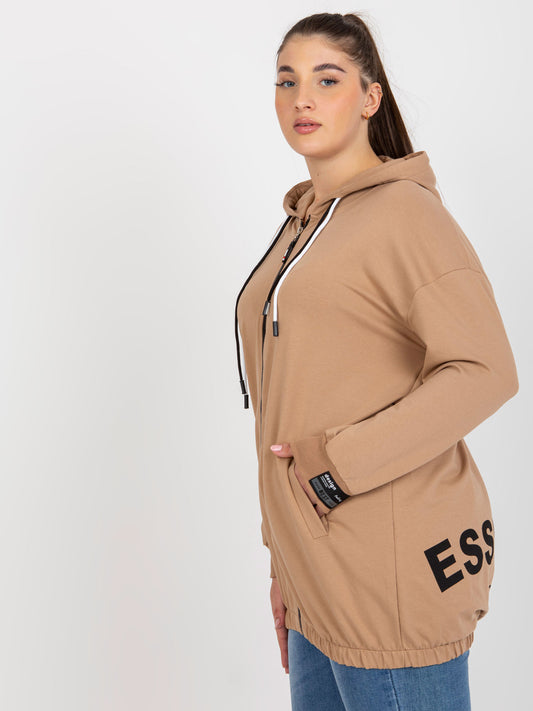 Camelowa rozpinana bluza plus size z napisami z tyłu