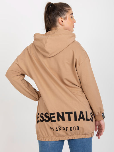 Camelowa rozpinana bluza plus size z napisami z tyłu