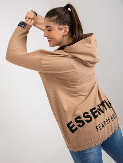 Camelowa rozpinana bluza plus size z napisami z tyłu