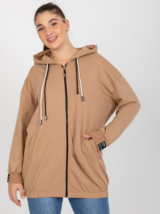 Camelowa rozpinana bluza plus size z napisami z tyłu