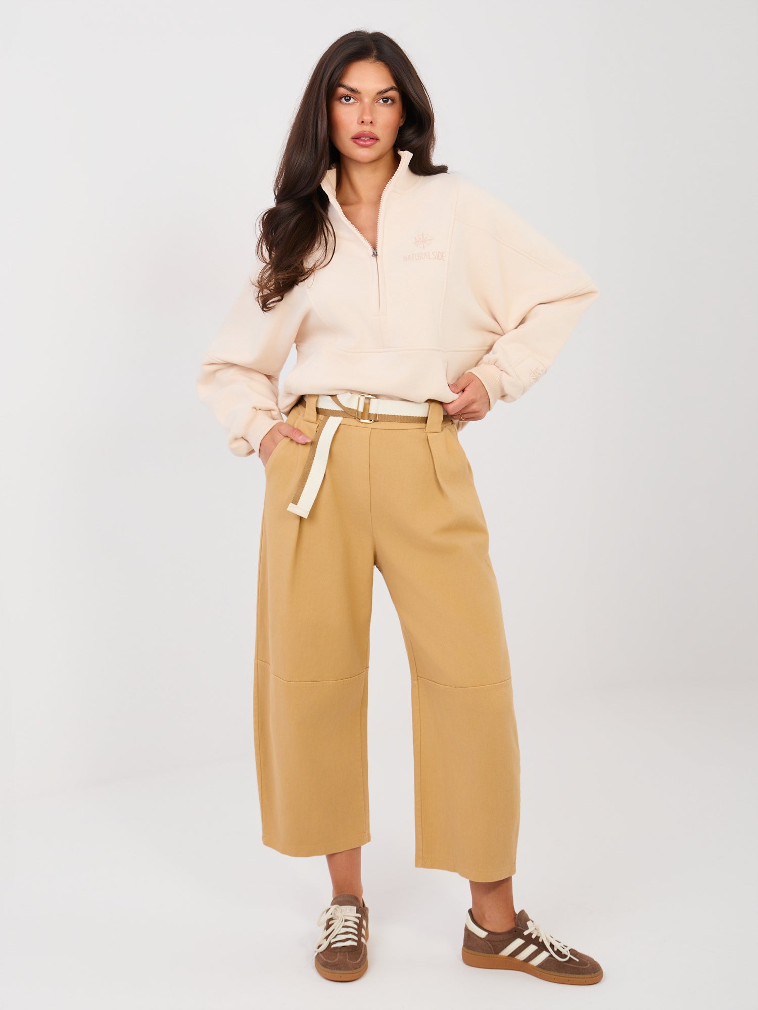 RUE PARIS  Camelowe damskie jeansy wide leg