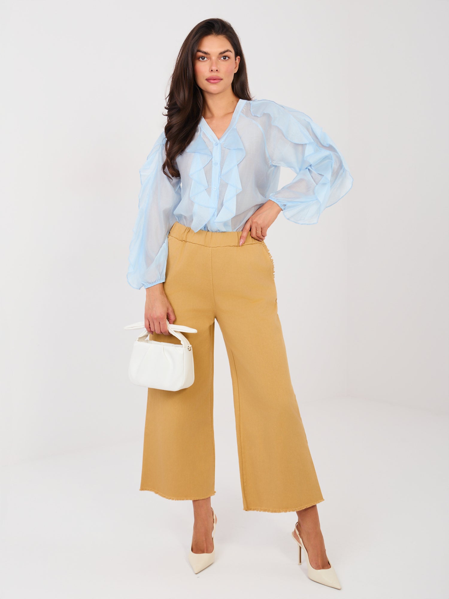 Camelowe jeansy wide leg bez zapięcia