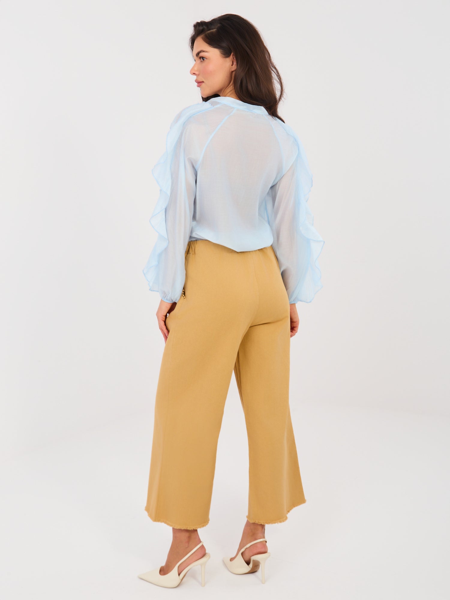 Camelowe jeansy wide leg bez zapięcia