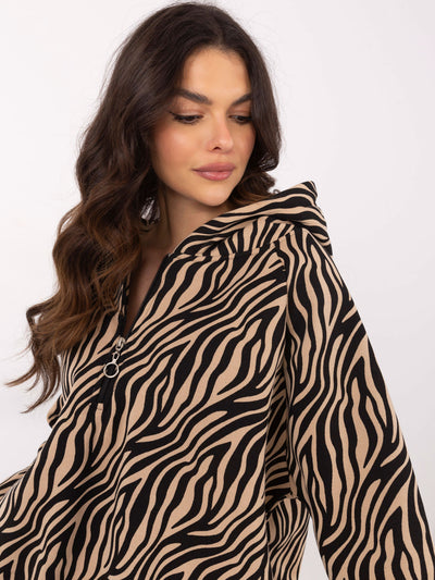 Camelowo-czarna wzorzysta bluza z zamkiem na dekolcie