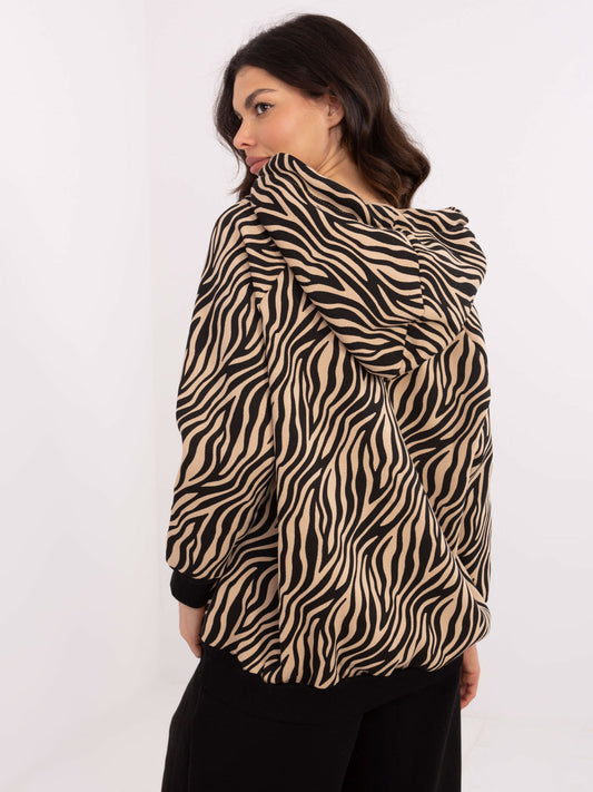 Camelowo-czarna wzorzysta bluza z zamkiem na dekolcie