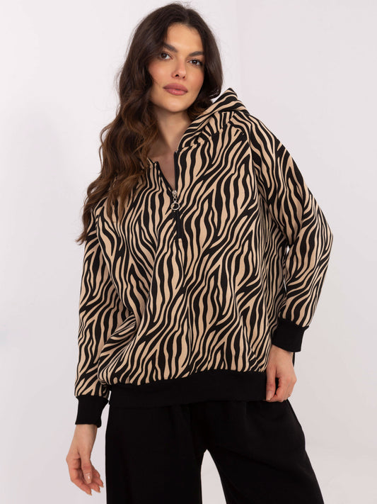 Camelowo-czarna wzorzysta bluza z zamkiem na dekolcie