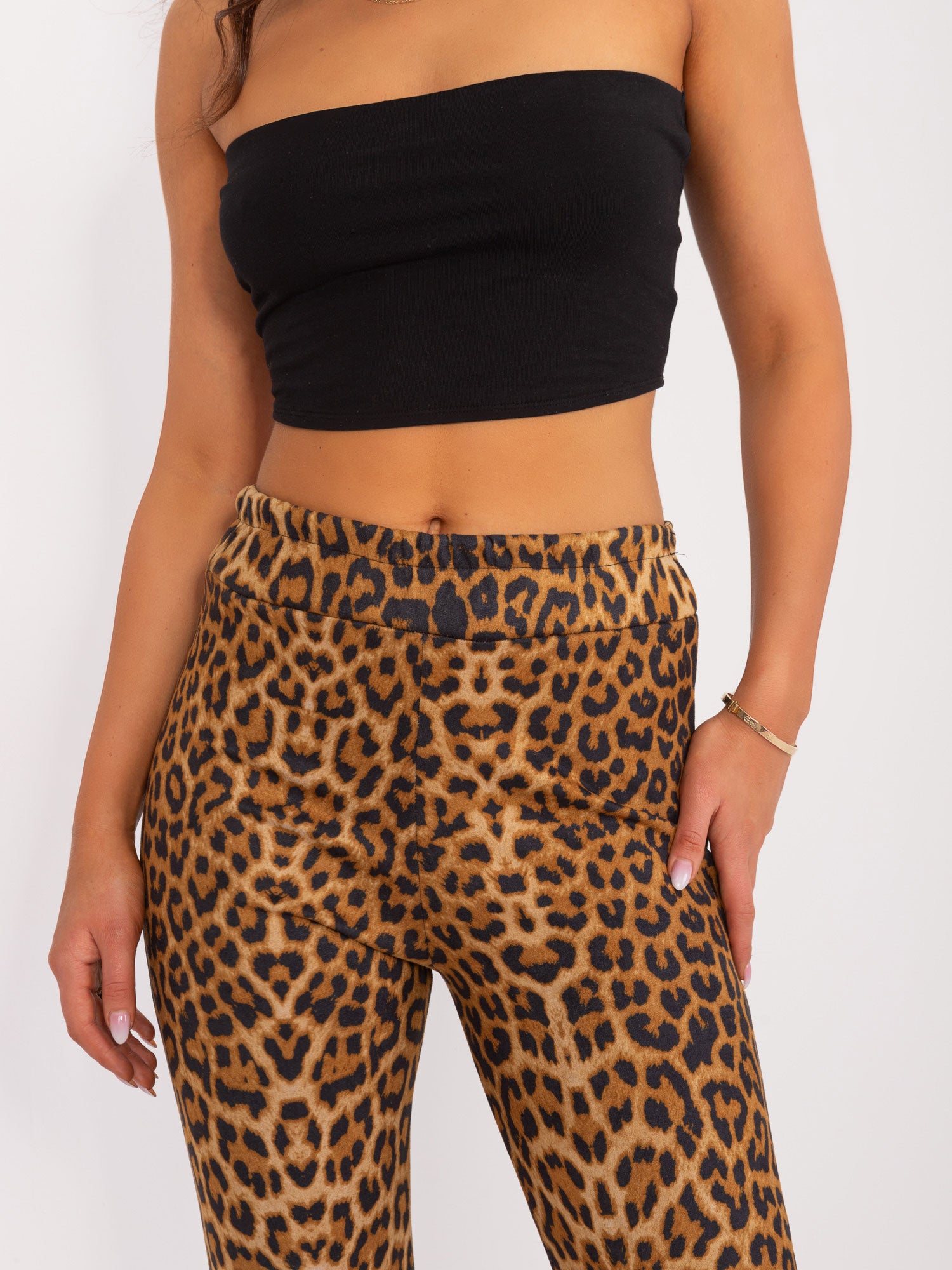 Camelowo-czarne legginsy z nadrukiem zwierzęcym