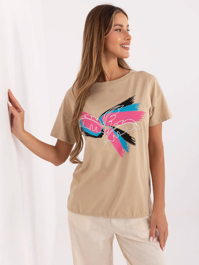 Camelowy damski t-shirt z okrągłym dekoltem