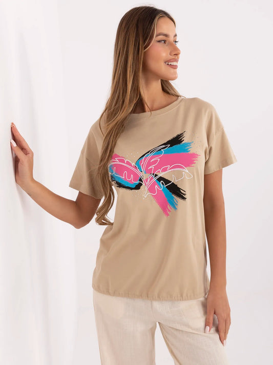 Camelowy damski t-shirt z okrągłym dekoltem