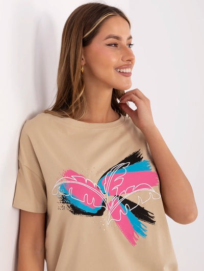 Camelowy damski t-shirt z okrągłym dekoltem
