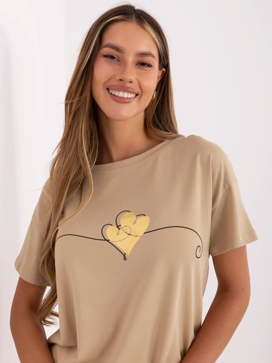 Camelowy damski t-shirt z bawełny