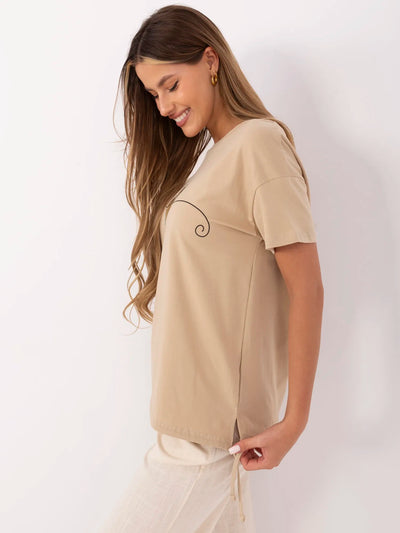 Camelowy damski t-shirt z bawełny