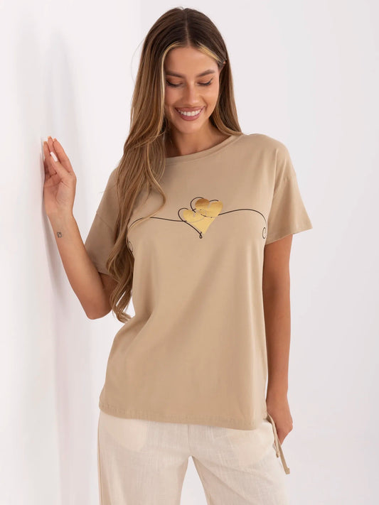 Camelowy damski t-shirt z bawełny