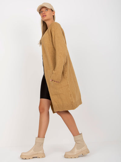 Camelowy długi kardigan z kieszeniami RUE PARIS