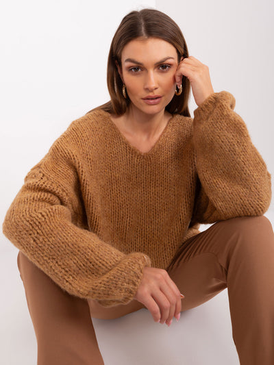 RUE PARIS Camelowy sweter oversize z dzianiny