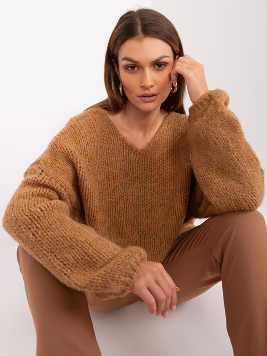 RUE PARIS Camelowy sweter oversize z dzianiny