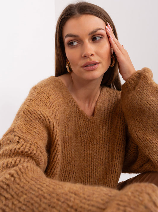 RUE PARIS Camelowy sweter oversize z dzianiny