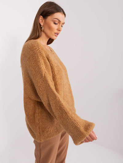 RUE PARIS Camelowy sweter oversize z dzianiny