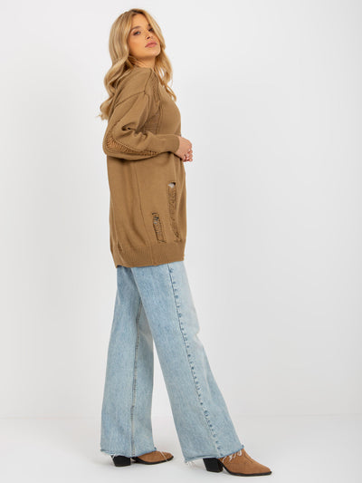 Camelowy sweter rozpinany oversize z dziurami RUE PARIS