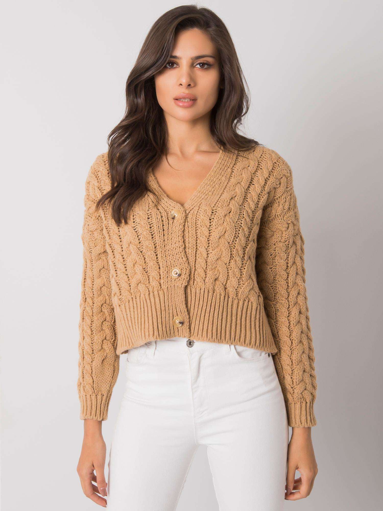 SUBLEVEL Camelowy sweter w warkocze