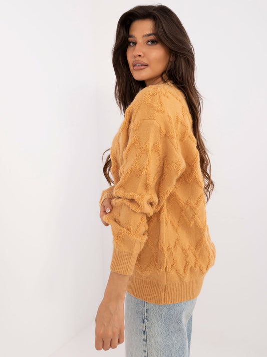 Camelowy damski sweter oversize ze ściągaczami