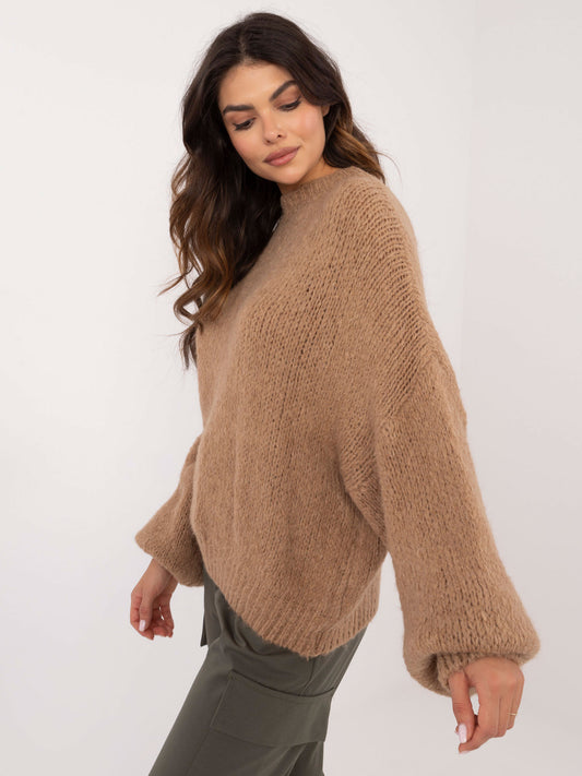 OCH BELLA Camelowy damski dzianinowy sweter oversize
