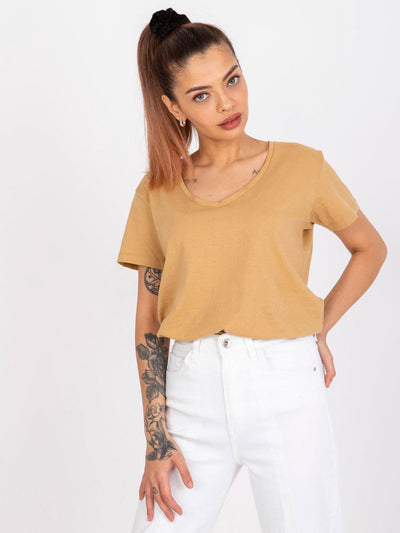 MAYFLIES Camelowy t-shirt damski jednokolorowy