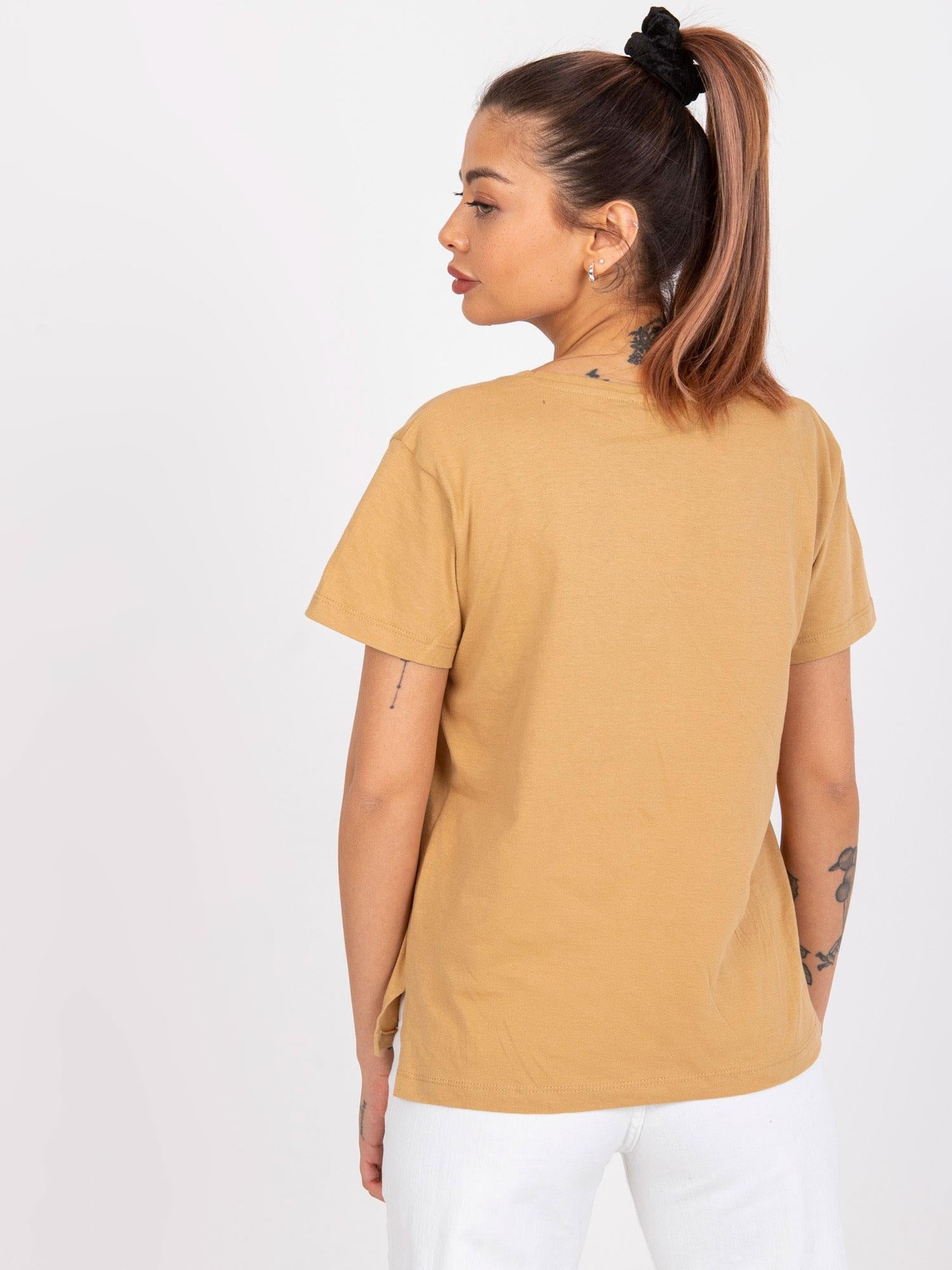 MAYFLIES Camelowy t-shirt damski jednokolorowy