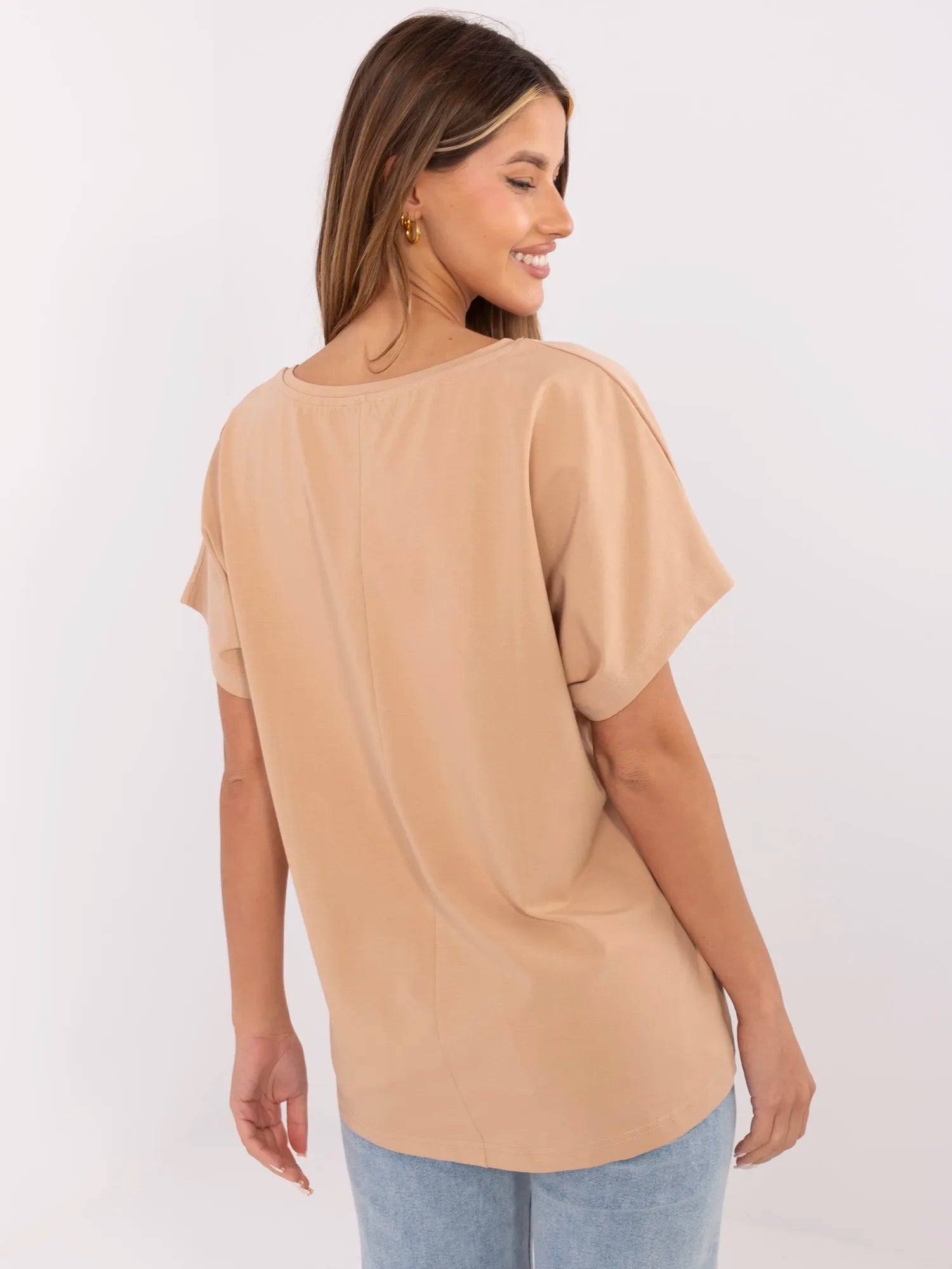 Camelowy bawełniany t-shirt z nadrukiem