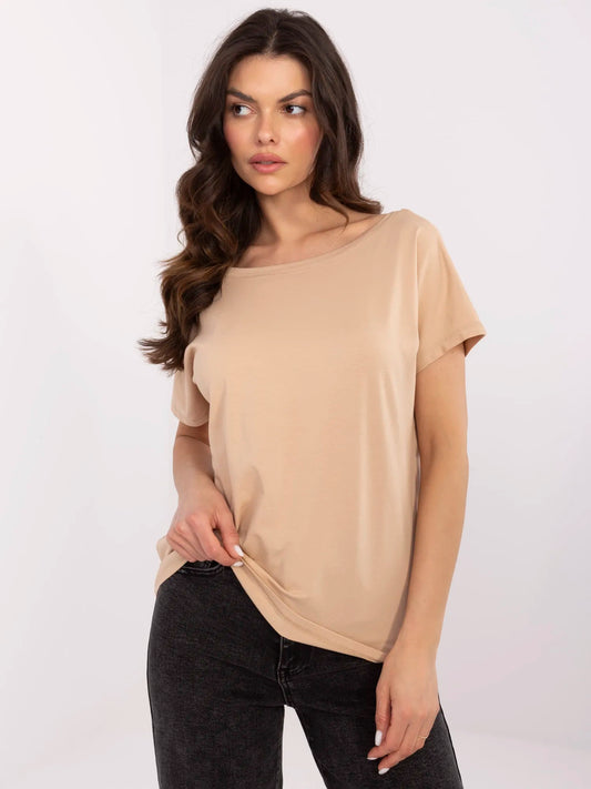 BASIC FEEL GOOD Camelowy t-shirt z dekoltem w łódkę
