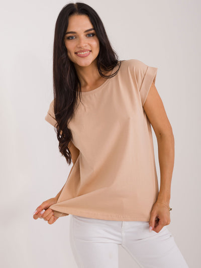 BASIC FEEL GOOD Camelowy t-shirt z okrągłym dekoltem
