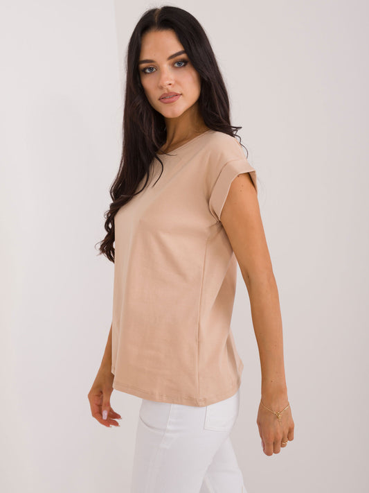 BASIC FEEL GOOD Camelowy t-shirt z okrągłym dekoltem