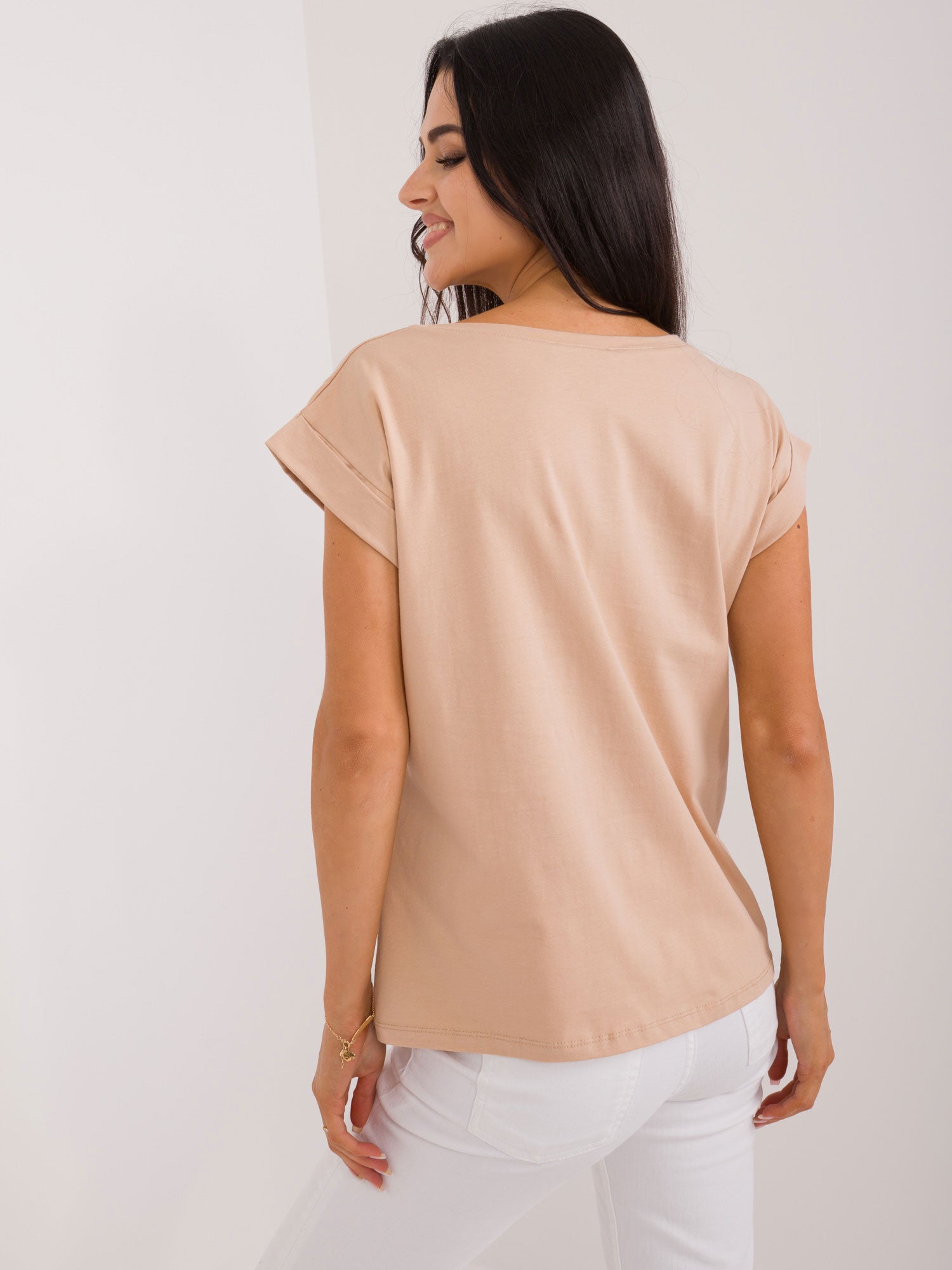 BASIC FEEL GOOD Camelowy t-shirt z okrągłym dekoltem