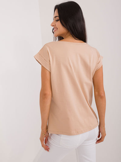 BASIC FEEL GOOD Camelowy t-shirt z okrągłym dekoltem