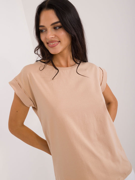 BASIC FEEL GOOD Camelowy t-shirt z okrągłym dekoltem