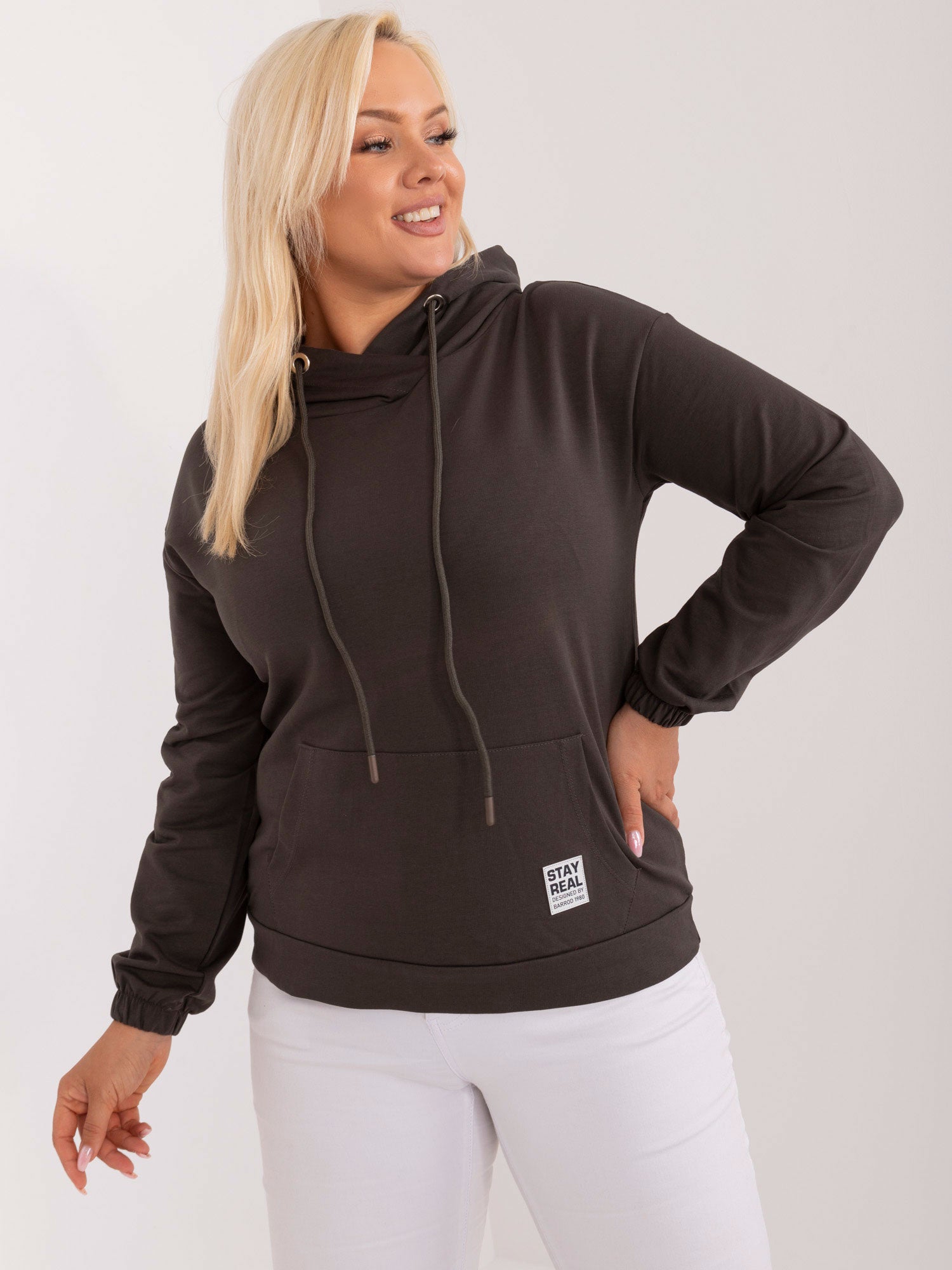 Ciemna khaki gładka bluza plus size z kapturem
